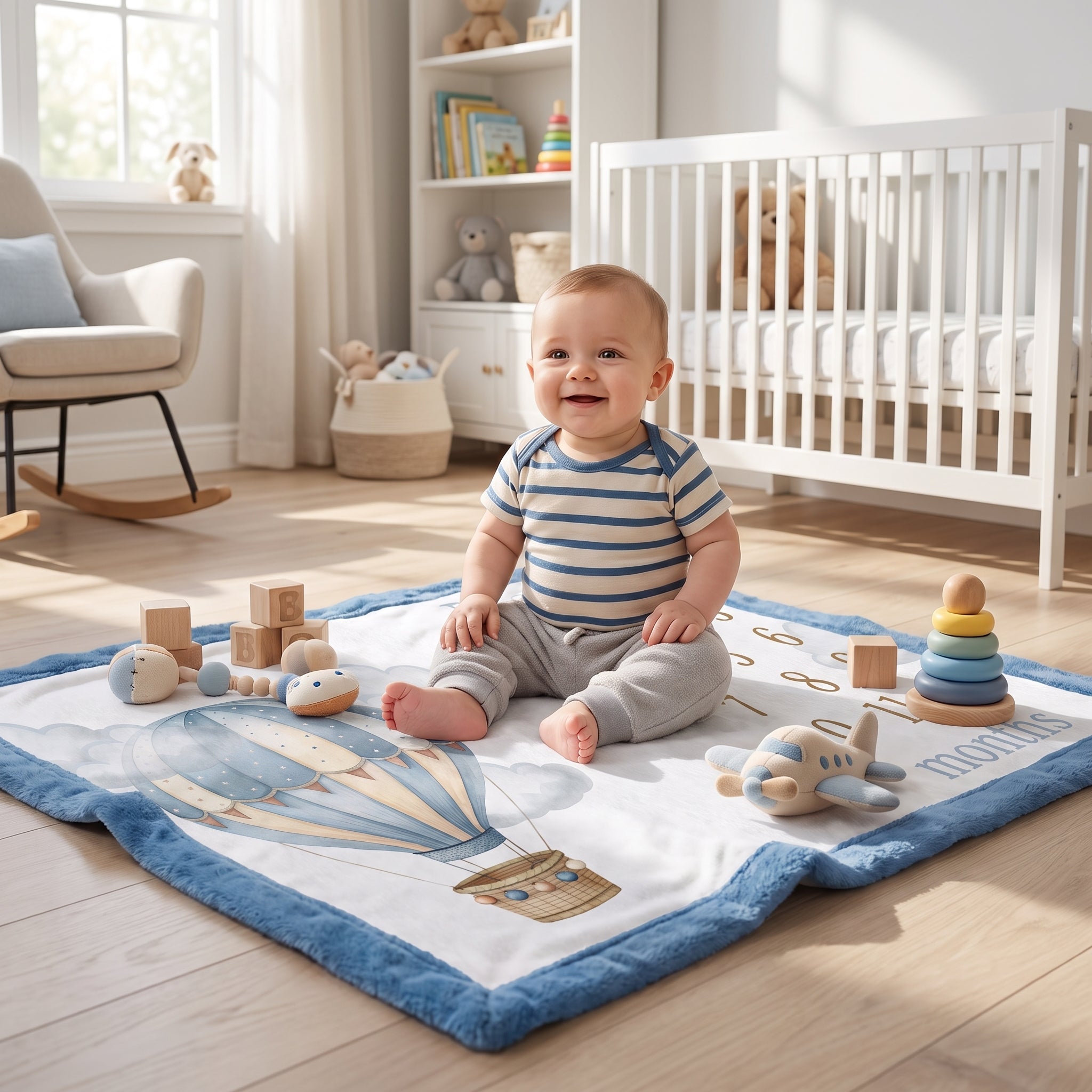Boy sitting on personalized hot air balloon milestone blanket with toys in nursery