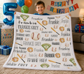 Boy holding personalized baseball blanket with custom name at birthday party, white faux fur trim