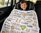 Boy in car seat with personalized baseball blanket with custom name, white faux fur trim