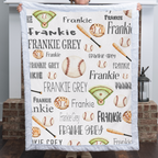Woman holding personalized baseball blanket with custom name by fireplace, white faux fur trim