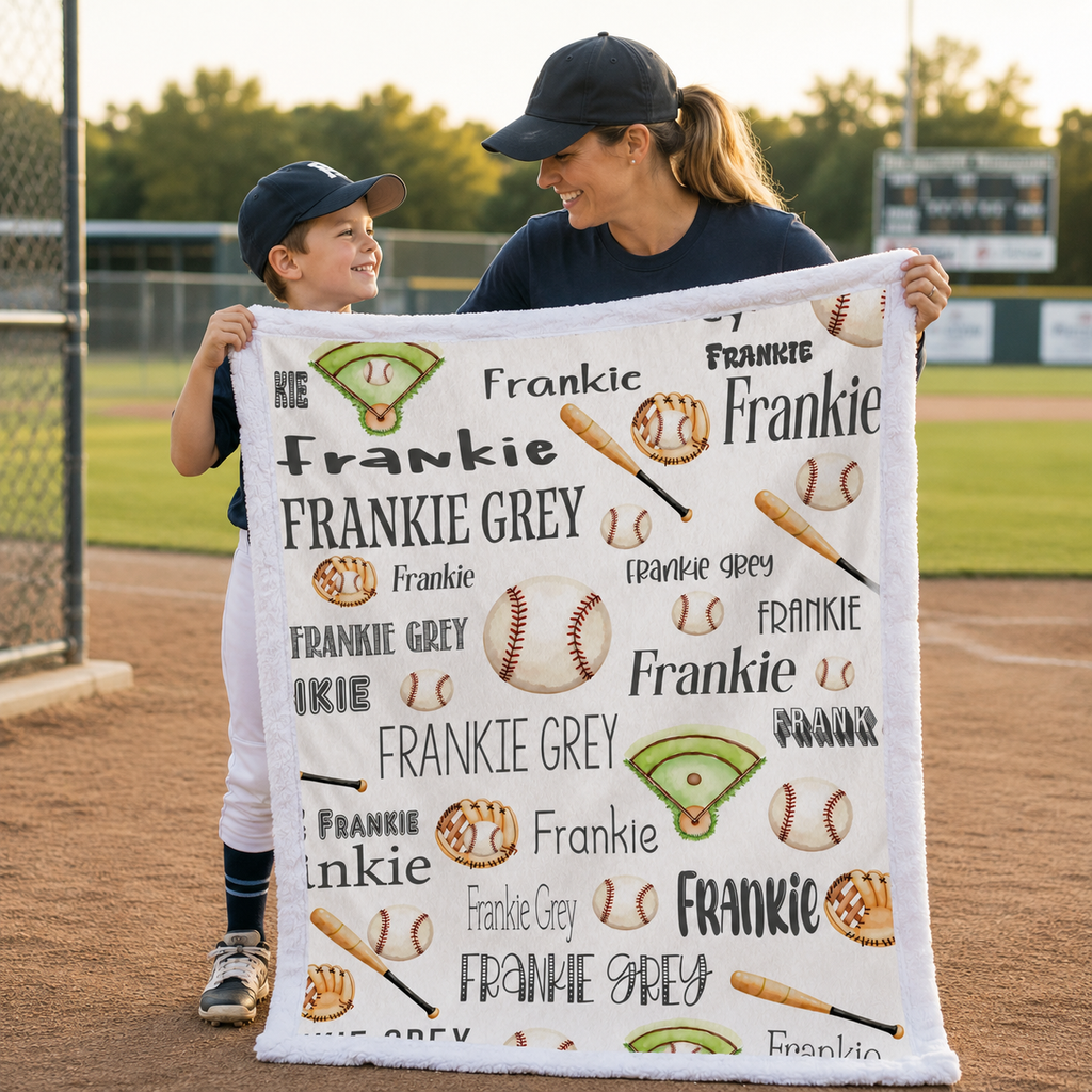 Mother and son holding personalized baseball blanket with custom name on baseball field