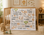 Personalized baseball blanket draped over crib in nursery with custom name