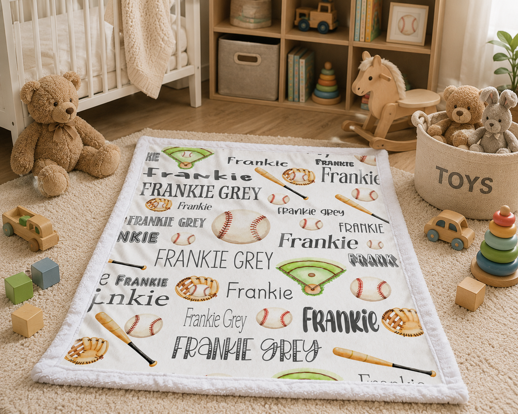 Personalized baseball blanket flat lay in nursery with toys and teddy bear