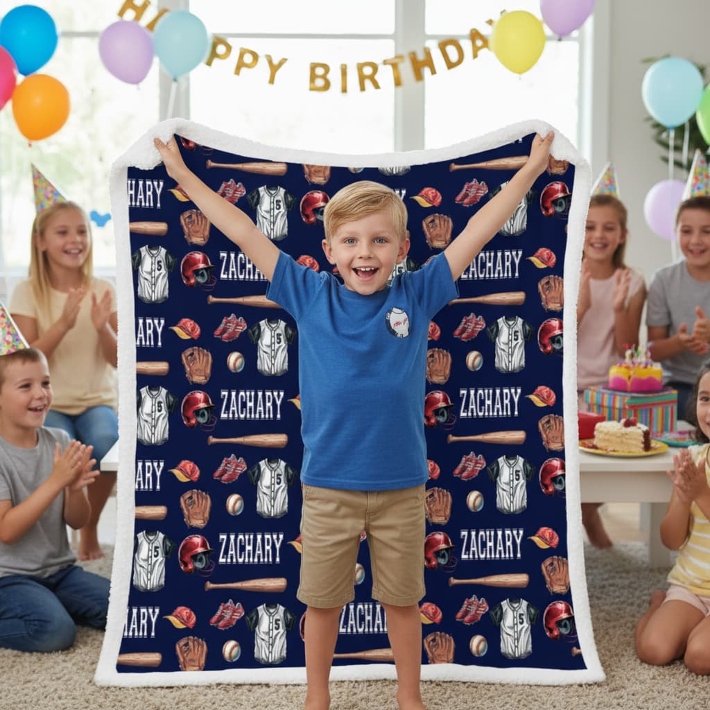 Child standing on a baseball-themed blanket with 'Zachary' printed on it, surrounded by birthday decorations.