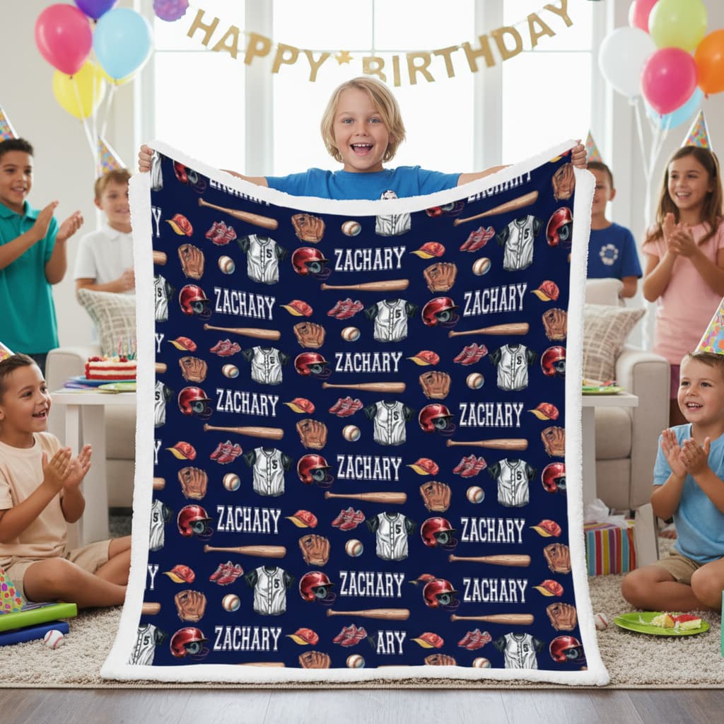 Child holding a personalized blanket with 'ZACHARY' at a birthday party.