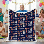 Child holding a personalized blanket with 'ZACHARY' at a birthday party.