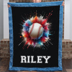 Boy holding personalized baseball minky blanket with custom name, blue faux fur trim