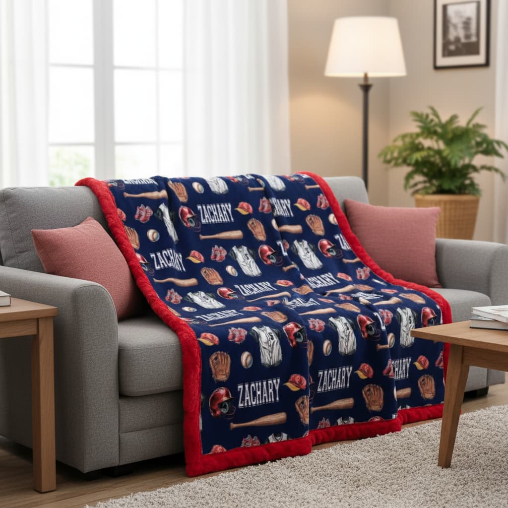 Navy blue blanket with sports-themed design on a gray sofa in a living room.