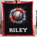 Personalized baseball minky blanket with red trim and custom name, held by a woman