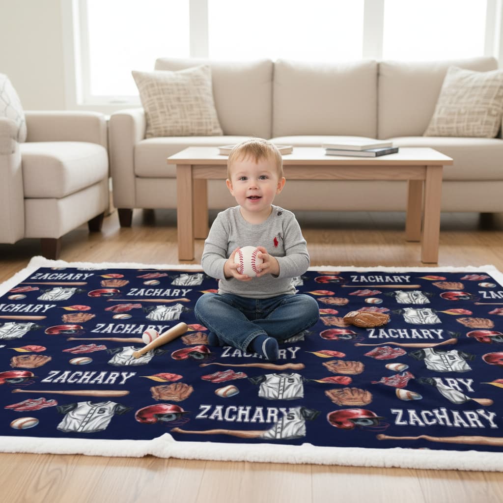 Child sitting on a personalized rug with sports-themed design and 'Zachary' printed multiple times, in a living room setting.