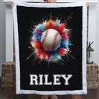 Personalized baseball minky blanket with white sherpa trim and custom name, by a brick fireplace