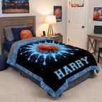 Personalized basketball blanket with custom name draped on bed in blue basketball-themed bedroom