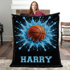 Woman holding personalized basketball blanket with custom name, black faux fur trim border