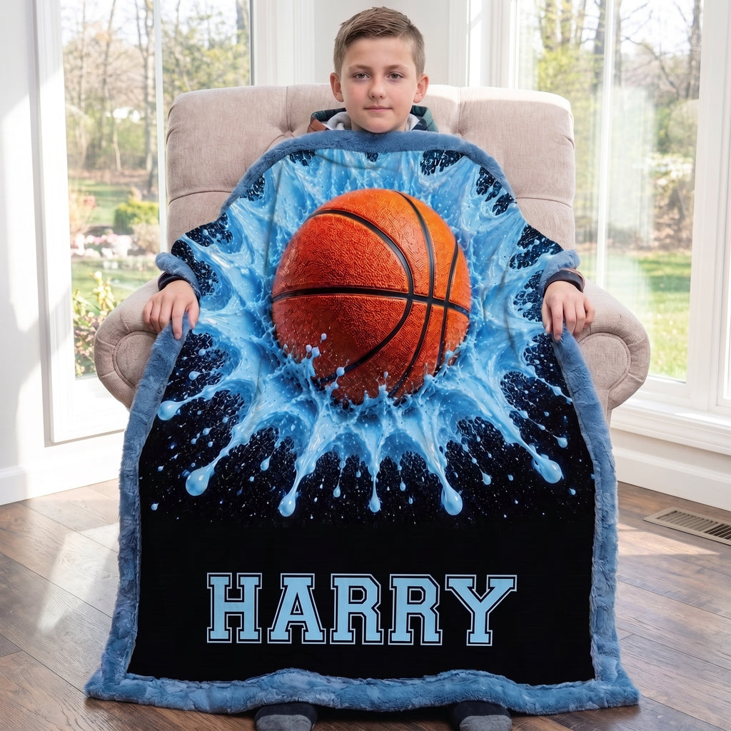 Boy holding personalized basketball blanket with custom name, sitting in armchair by window
