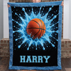Close-up of boy holding personalized basketball blanket with custom name, blue faux fur trim