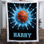 Woman holding personalized basketball blanket with custom name, white faux fur trim border