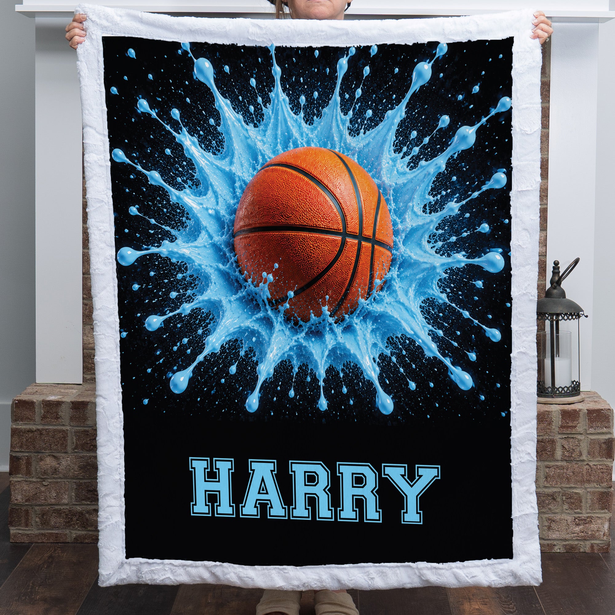 Woman holding personalized basketball blanket with custom name, white faux fur trim border