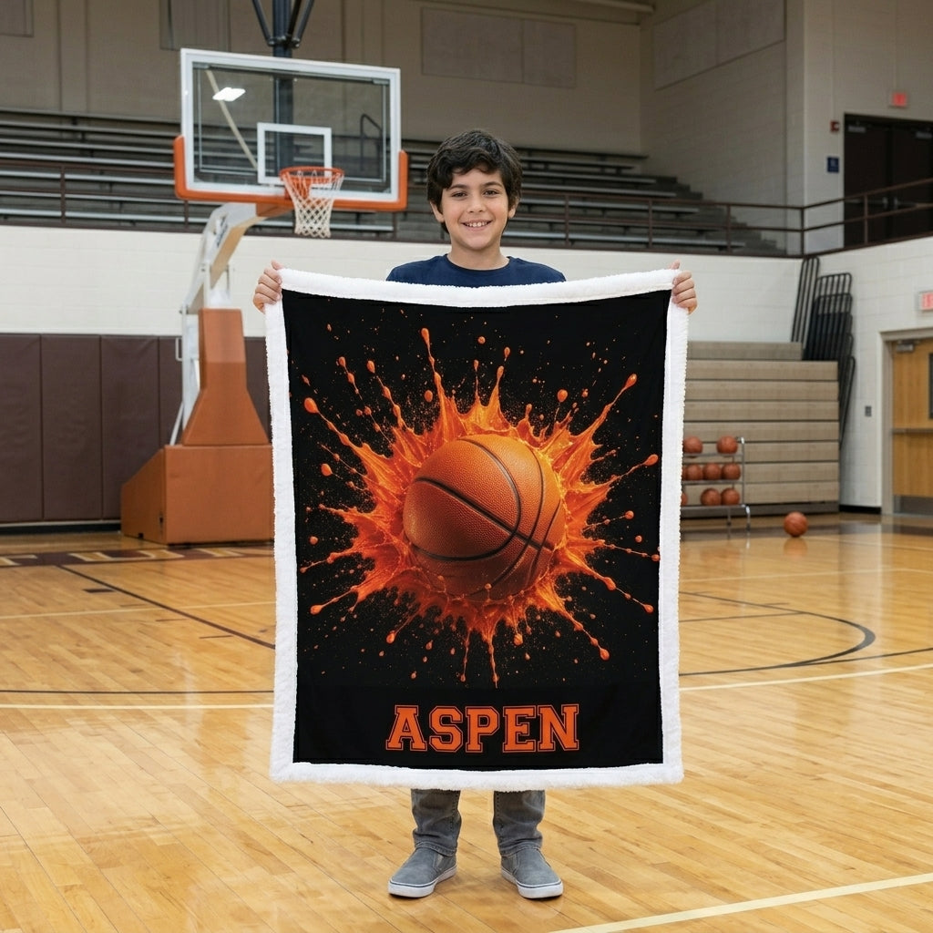Personalized basketball minky blanket with white trim and custom name, held by a boy in a gym