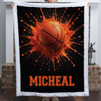 Personalized basketball minky blanket with white trim and custom name, by a brick fireplace