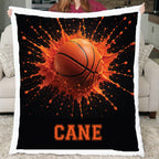 Personalized basketball minky blanket with white trim and custom name, held by a woman