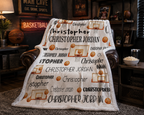 Personalized basketball name blanket with white faux fur trim draped over leather armchair