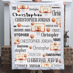 Woman holding personalized basketball name blanket with white faux fur trim by fireplace