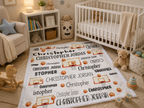 Personalized basketball name blanket with white trim laid out in nursery with crib