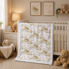 Personalized bear and moon baby blanket with white minky trim draped over nursery crib