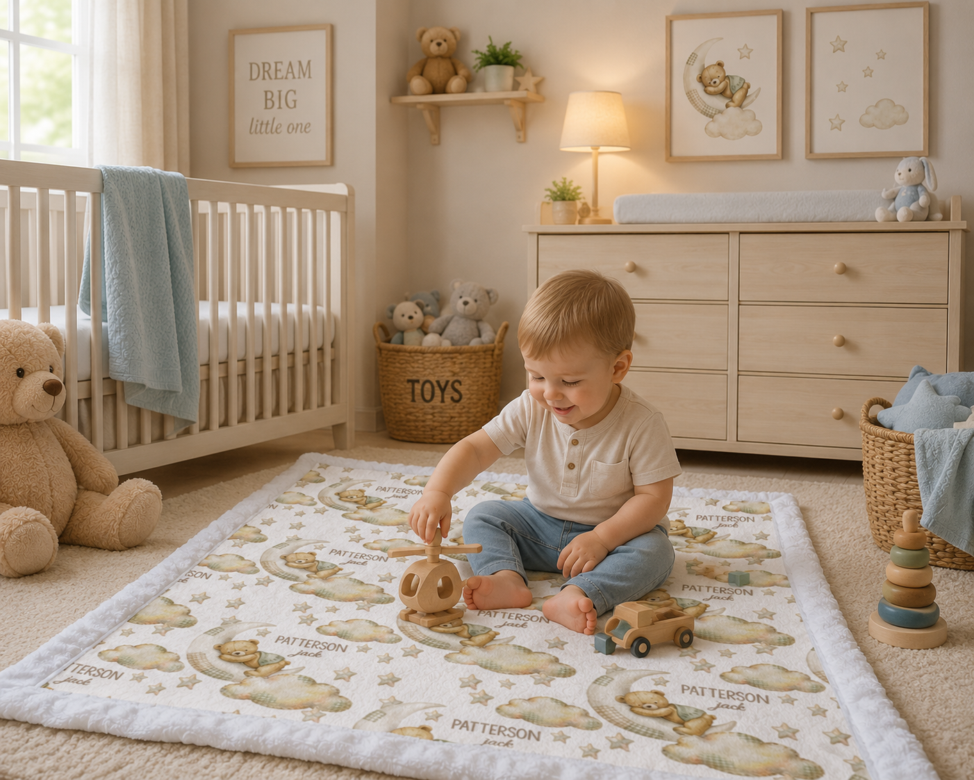 Toddler playing on personalized bear and moon baby blanket with white minky trim in nursery