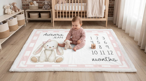 Baby sitting on personalized bunny milestone blanket with pink checkered border in nursery