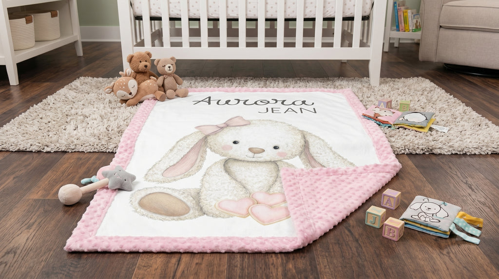 Personalized bunny minky baby blanket laid flat on nursery rug with folded pink minky corner