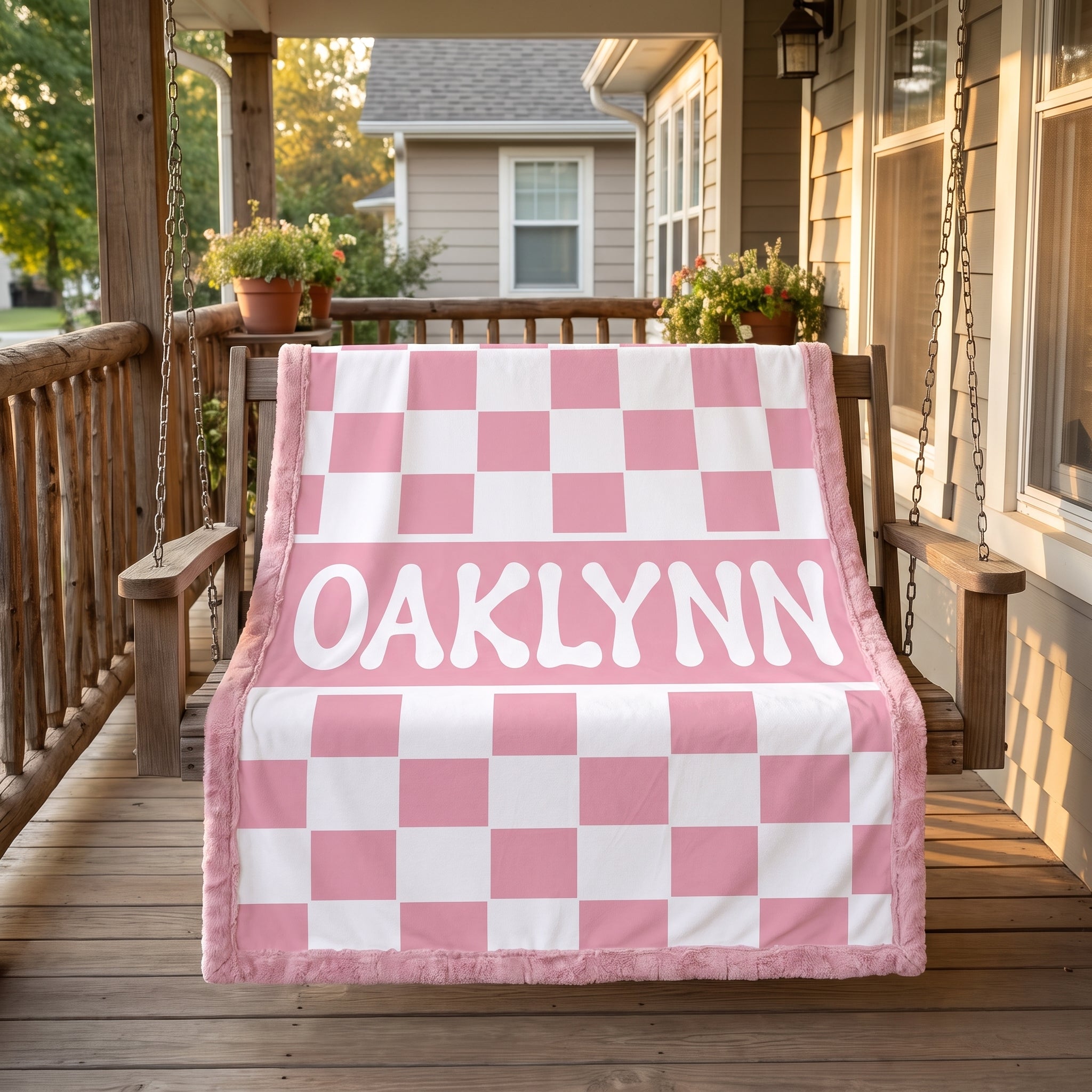 Personalized pink checkered minky baby blanket with Oaklynn's name draped over a porch swing
