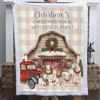 Woman holding personalized Christmas farmhouse minky blanket with white trim indoors