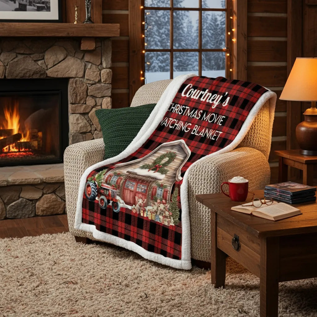 Personalized red buffalo plaid Christmas movie watching blanket on armchair in rustic cabin with fireplace