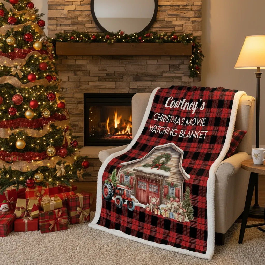 Personalized red buffalo plaid Christmas movie blanket draped over armchair by lit fireplace and Christmas tree