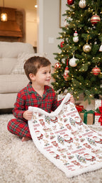 Personalized Christmas minky blanket with Santa print held up by boy near tree