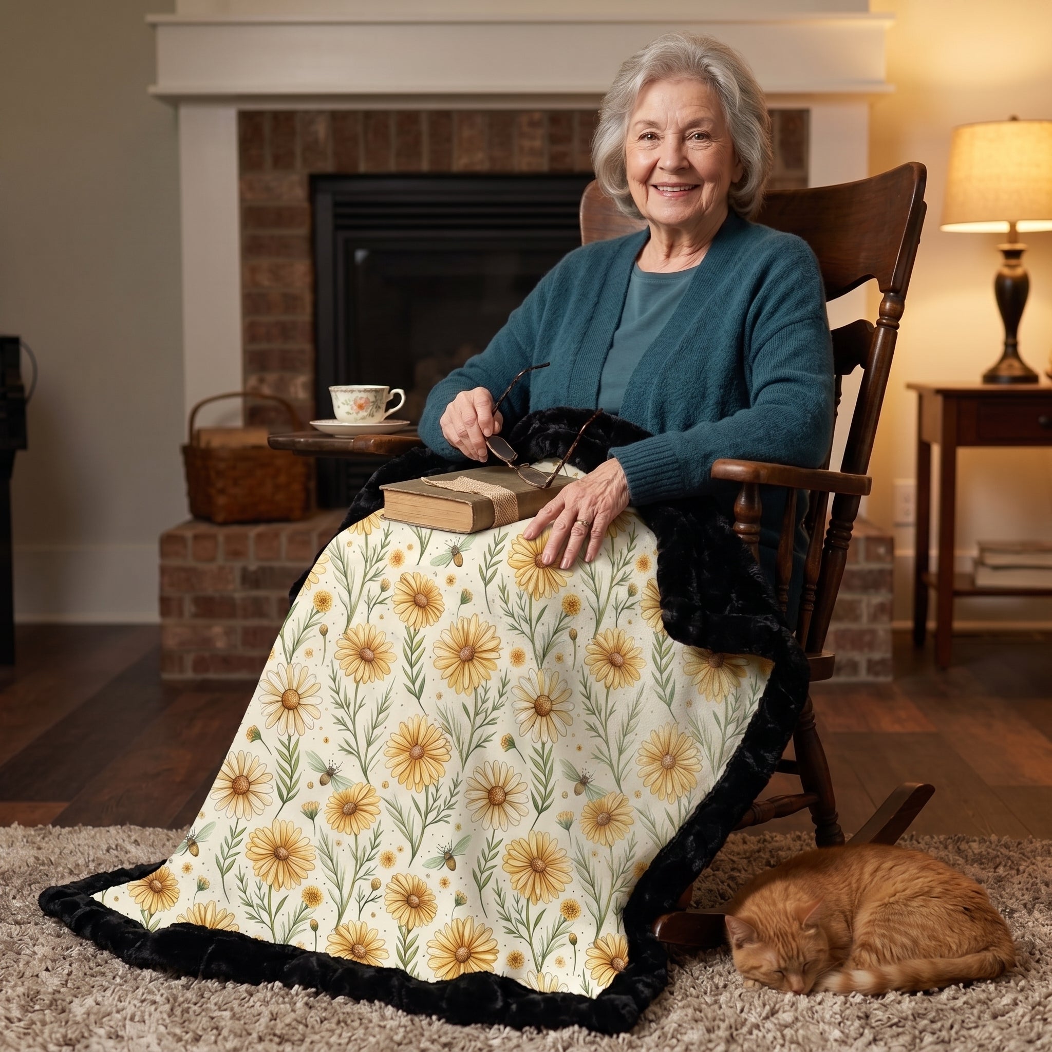 Grandmother holding black trim minky blanket with daisy floral print and personalized name by fireplace