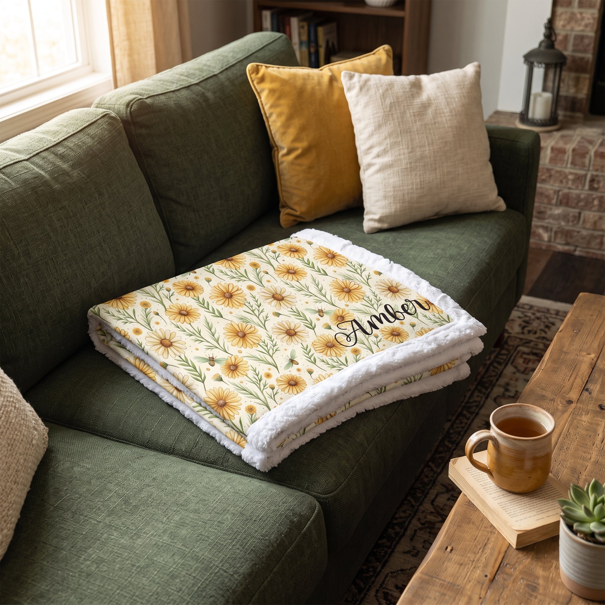 White trim minky blanket with daisy floral print and personalized name, folded on a couch