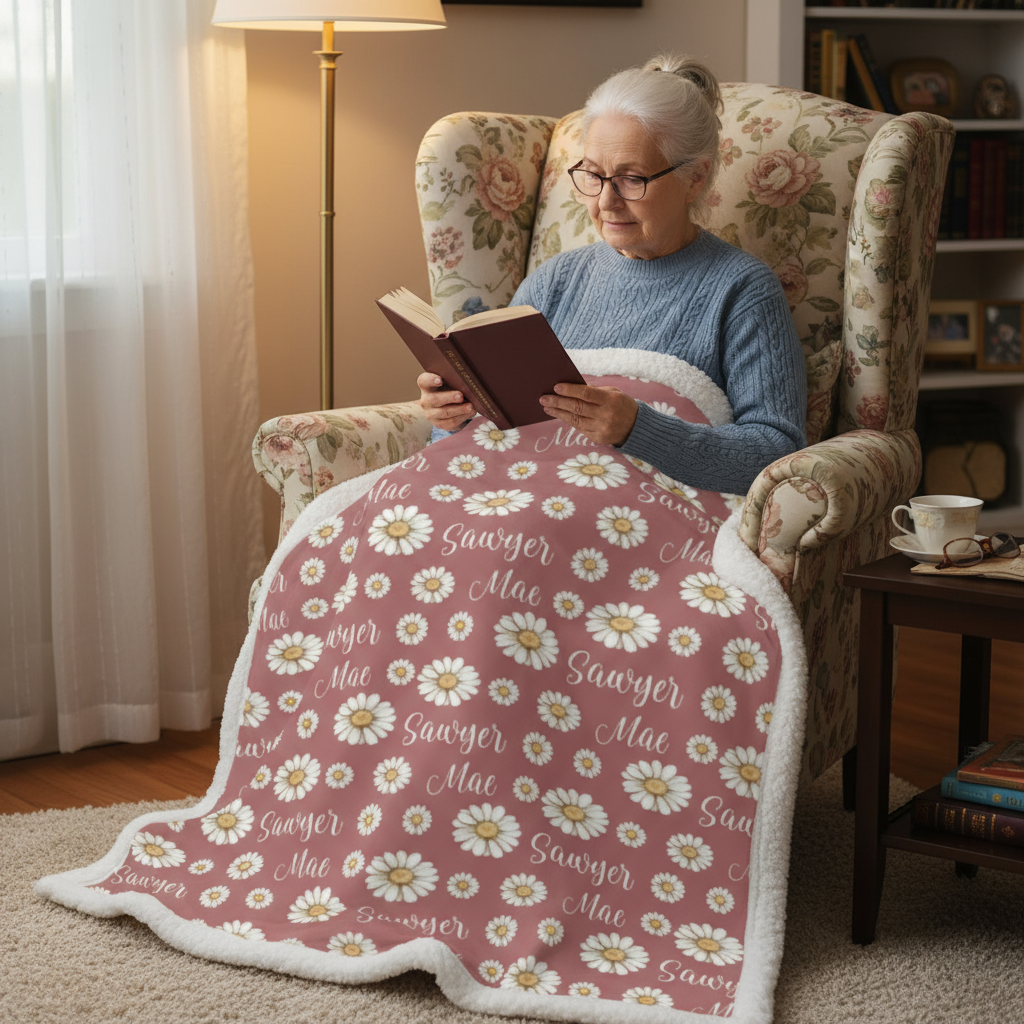 Woman reading in armchair with personalized daisy minky blanket, white sherpa back