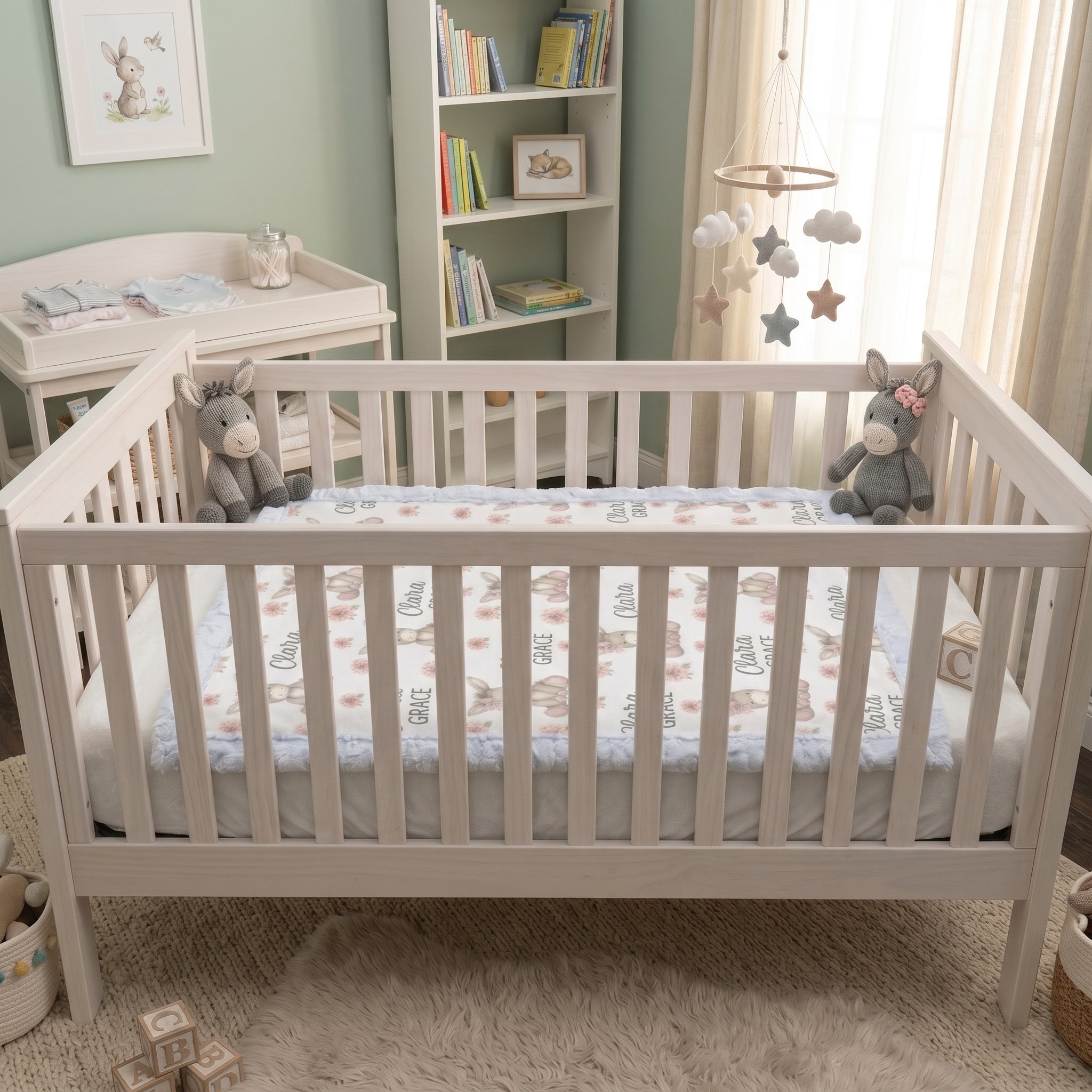 Personalized minky donkey baby blanket with blue fur border laid flat in nursery crib