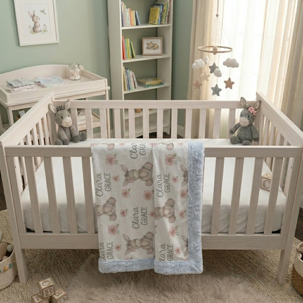 Personalized minky donkey baby blanket with blue fur border draped over crib rail