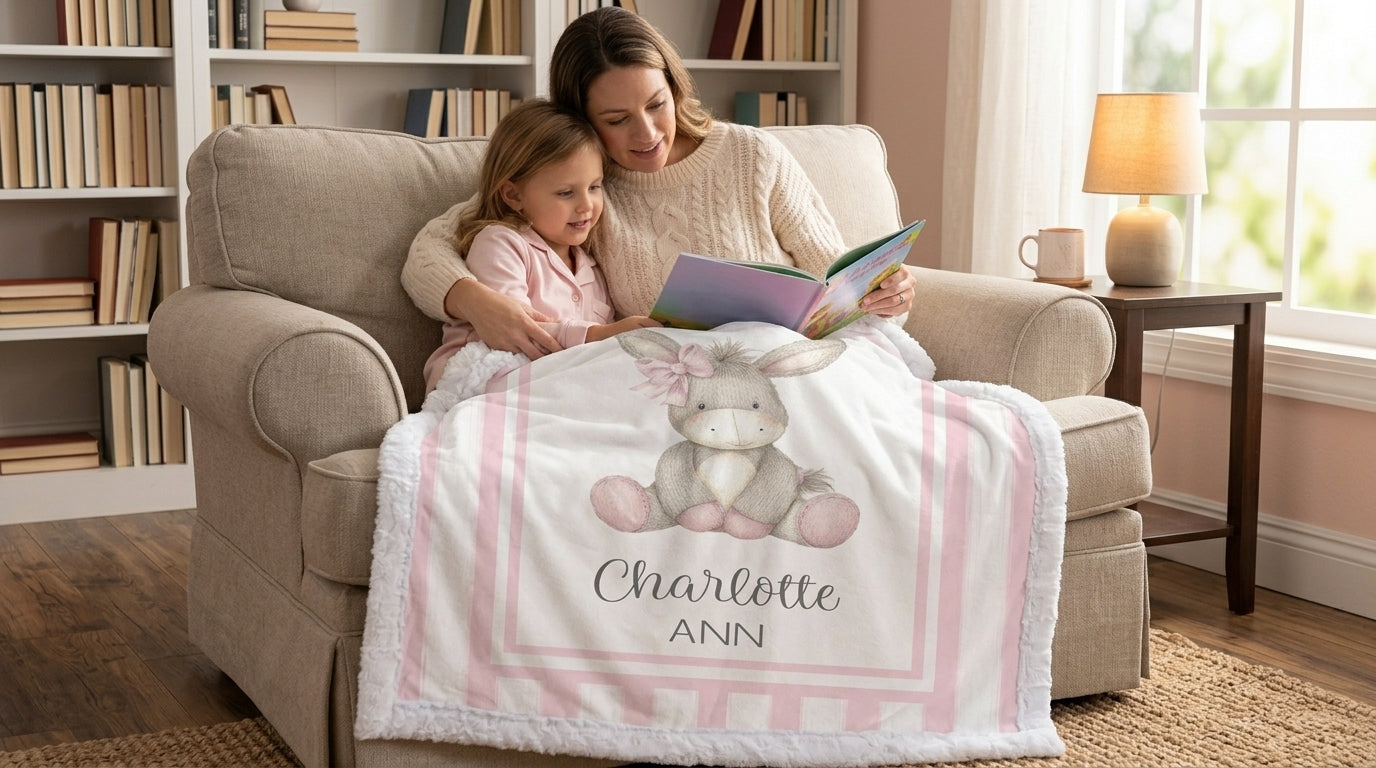 Mother and daughter reading together with personalized minky donkey baby blanket