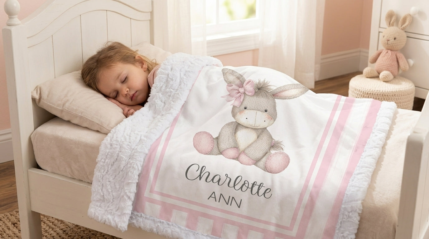 Toddler sleeping tucked under personalized minky donkey baby blanket in bed