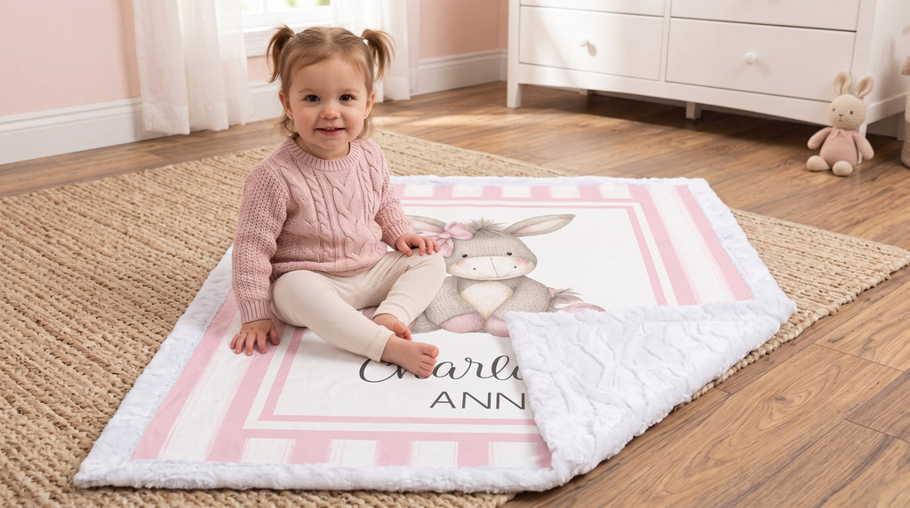 Toddler sitting on personalized minky donkey baby blanket on nursery rug