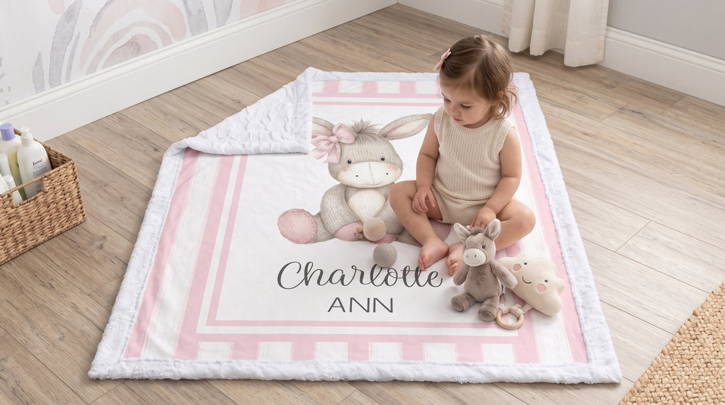 Toddler playing with donkey plush toy on personalized minky baby blanket