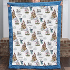 Boy holding personalized dragon castle blanket with blue trim