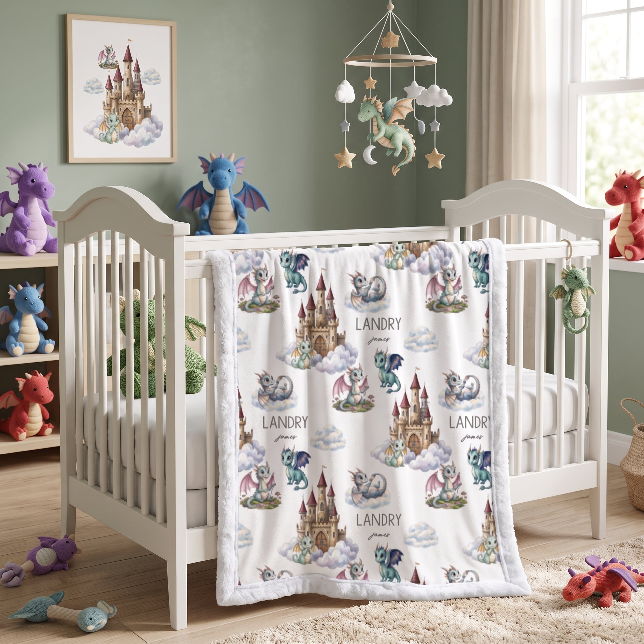 Personalized dragon castle blanket with blue trim draped over white nursery crib