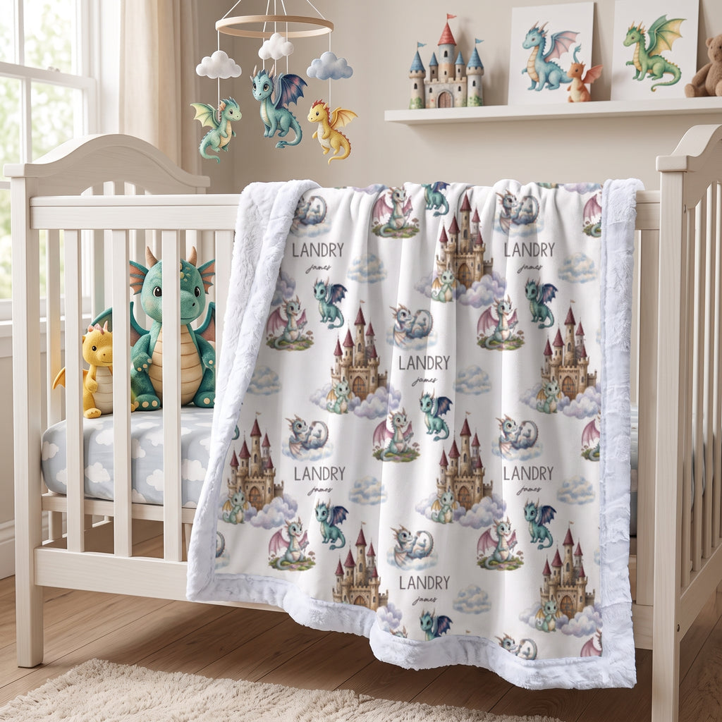 Personalized dragon castle blanket with green trim draped over nursery crib