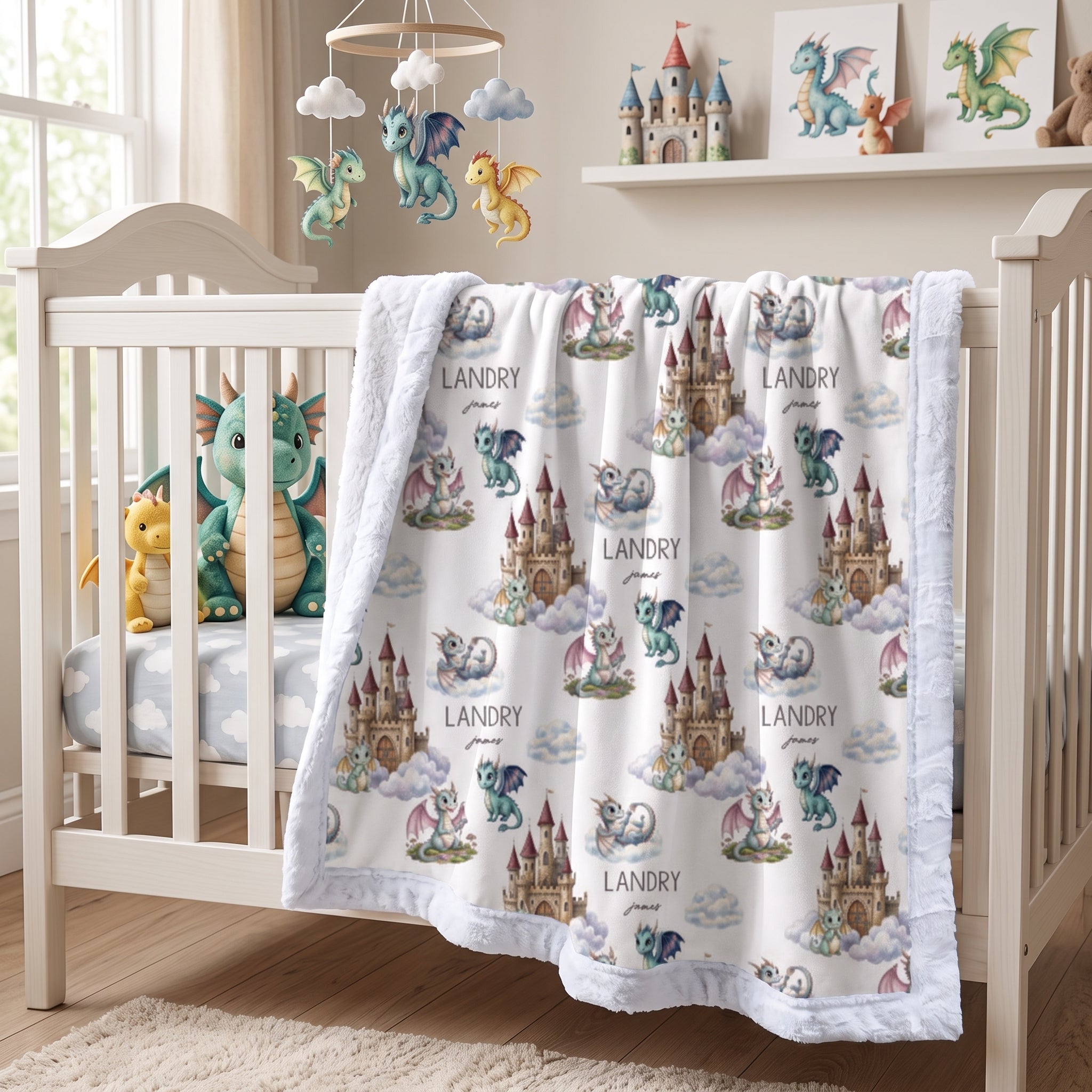 Personalized dragon castle blanket with green trim draped over nursery crib