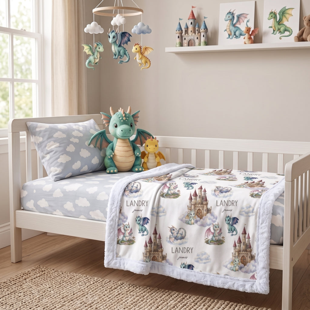 Personalized dragon castle blanket with white trim draped over toddler bed